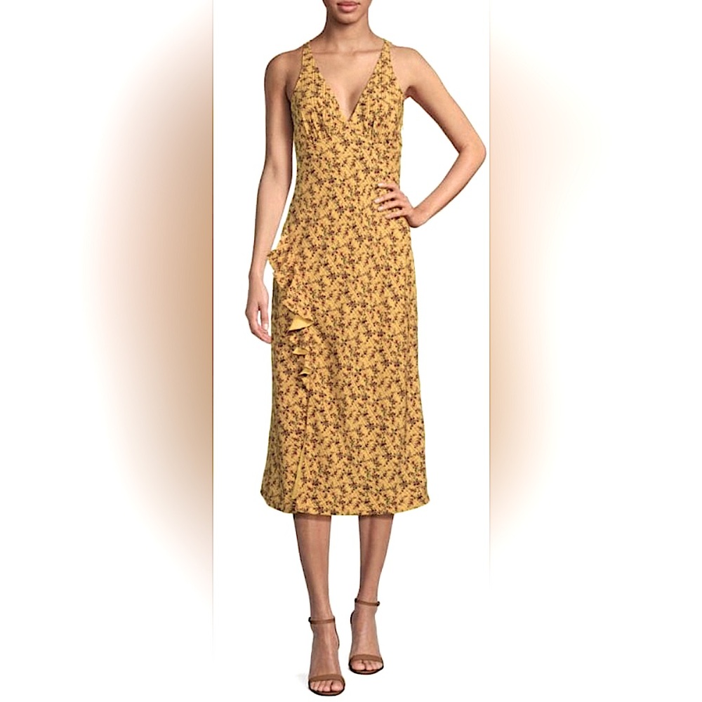 RHODE Mustard Yellow Floral
“Irvetta” Ruffle Midi Dress Size Small